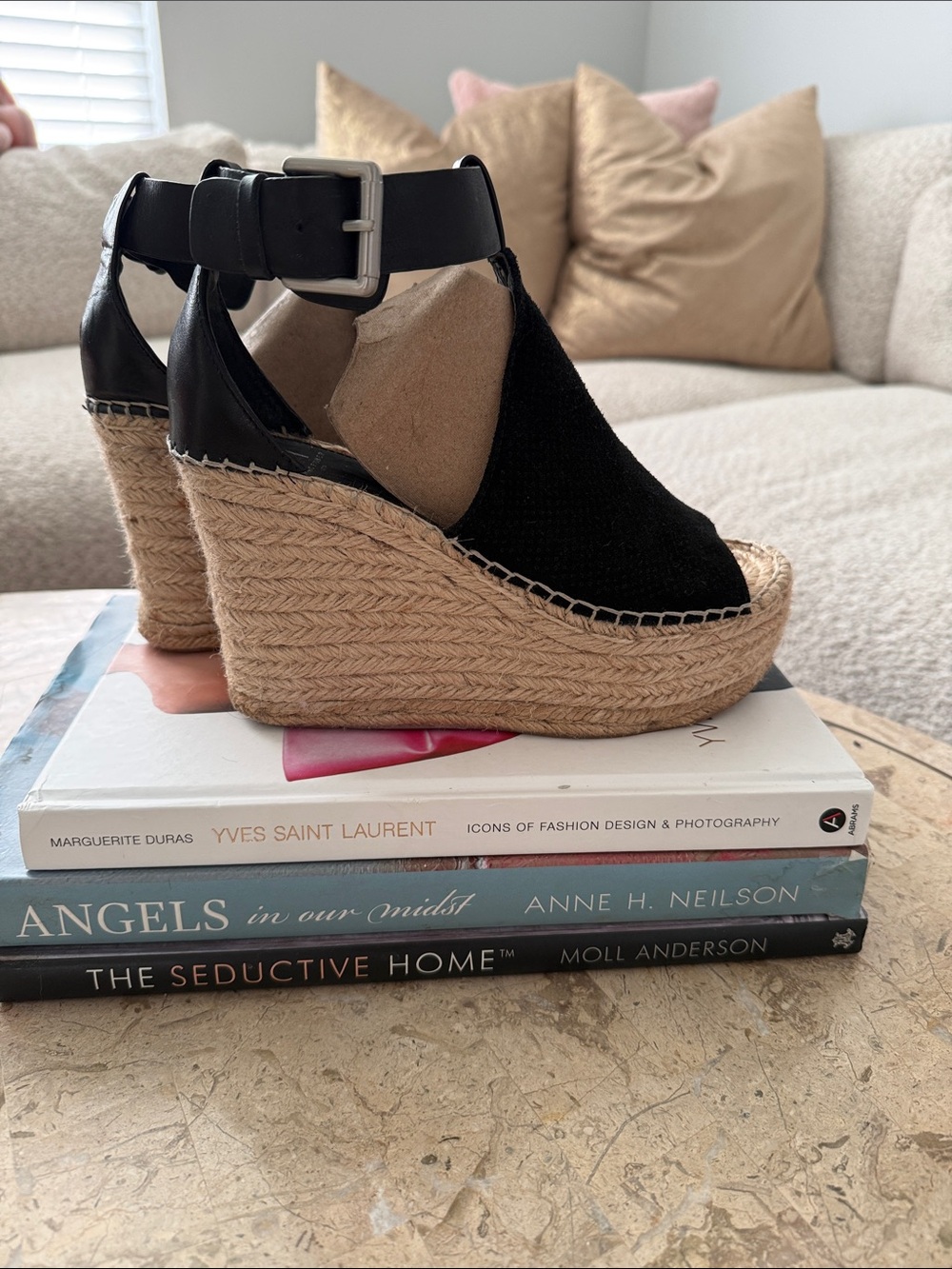 😍 MUST HAVE!! Marc Fisher Black Espadrille Wedge Sandals with Ankle Strap